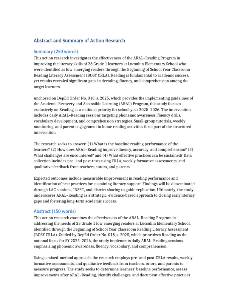 Effectiveness of the ARAL-Reading Program | PDF | Reading Comprehension ...
