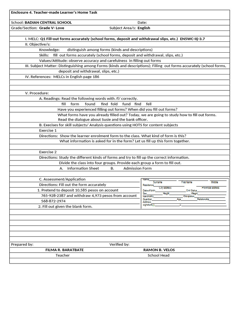 Teacher's Guide: Filling Out Forms | PDF | Knowledge | Experience