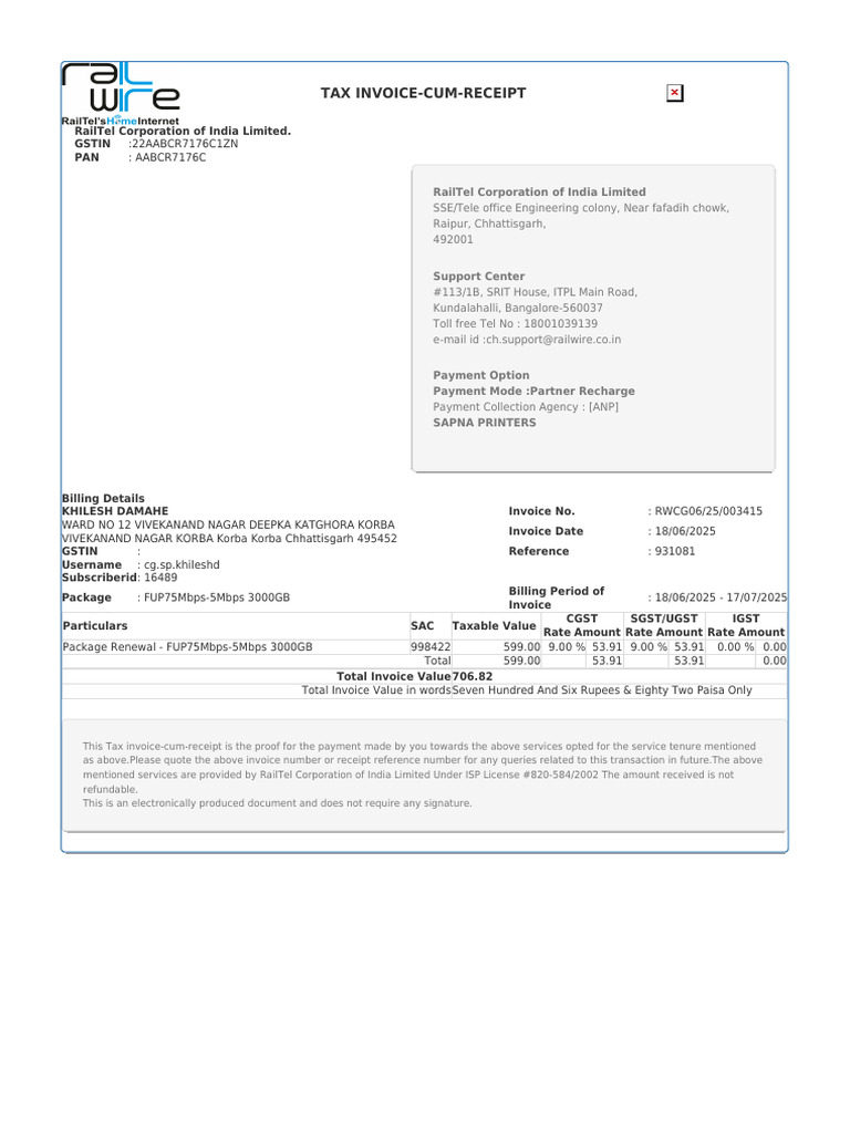 RailTel Tax Invoice for Internet Service | PDF | Taxation | Government ...