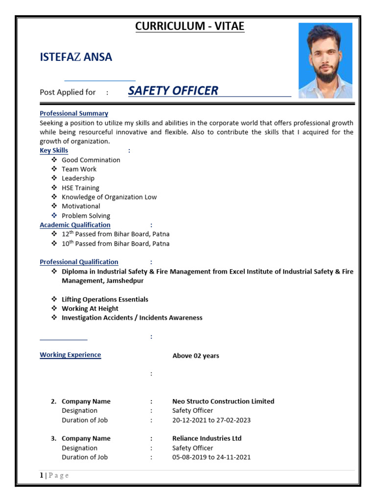 Safety Officer CV and Qualifications | PDF | Occupational Safety And ...
