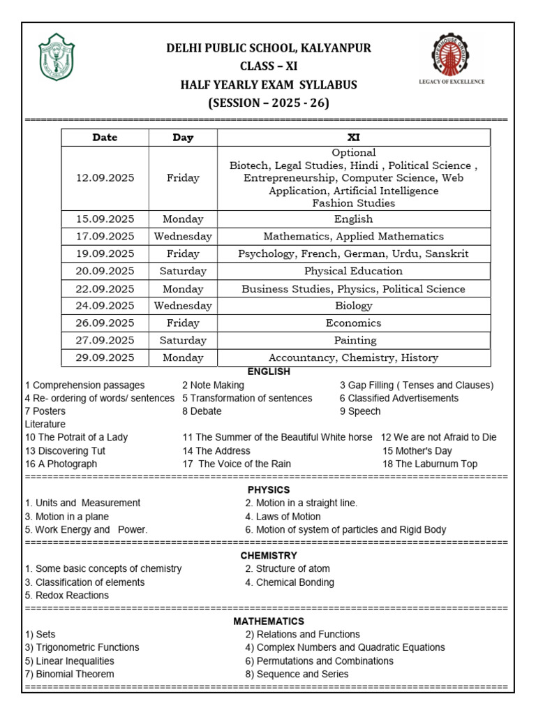 Class 11 Half Yearly Exam Syllabus 2025 | PDF | Chemistry | Statistics