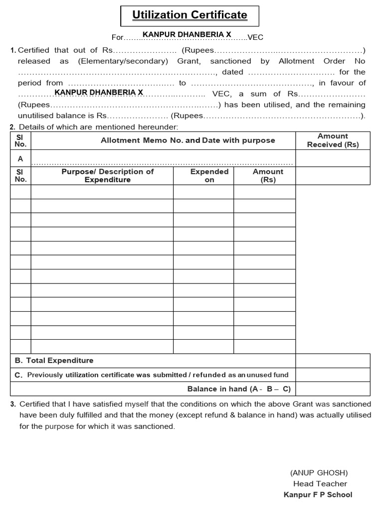 Utilization Certificate for VEC Grant | PDF