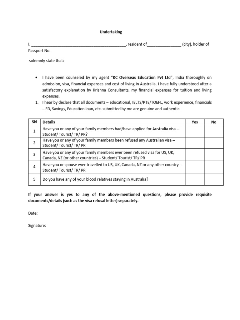 Australia Visa Undertaking Declaration | PDF