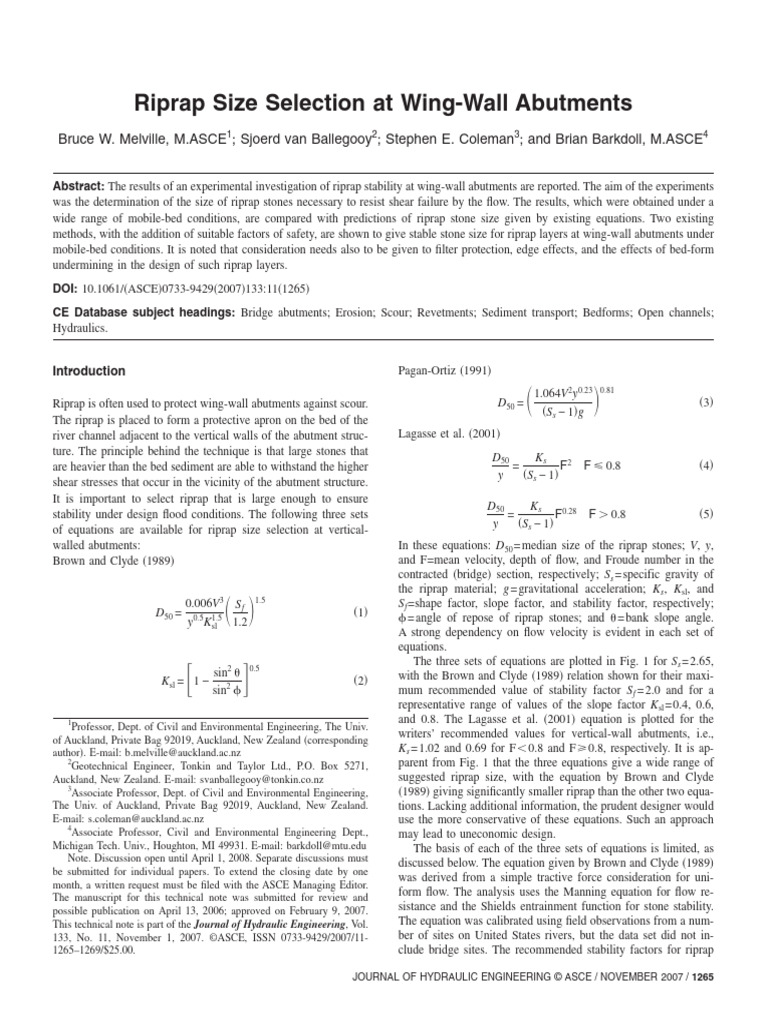 Melville - 2007 - Riprap Size Selection at Wing Wall Abutments | PDF ...