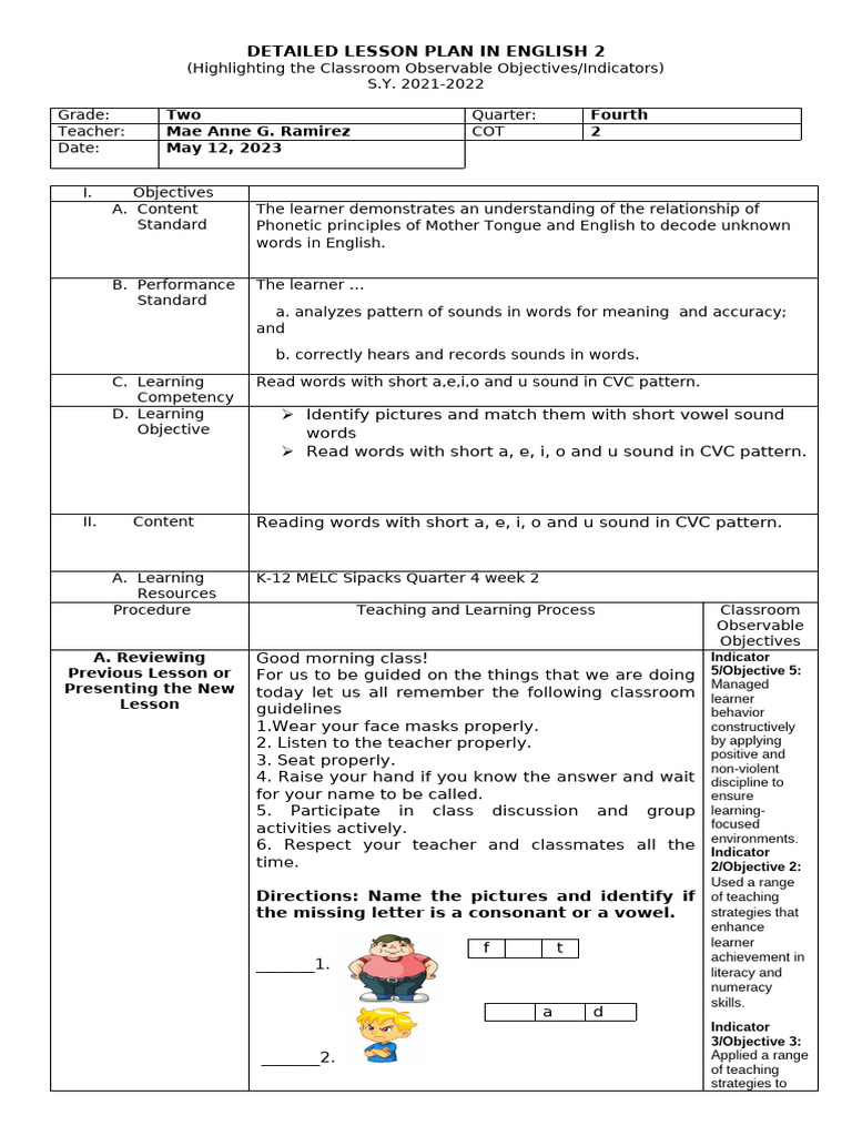 English 2 Lesson Plan: CVC Patterns | PDF | Learning | Curriculum