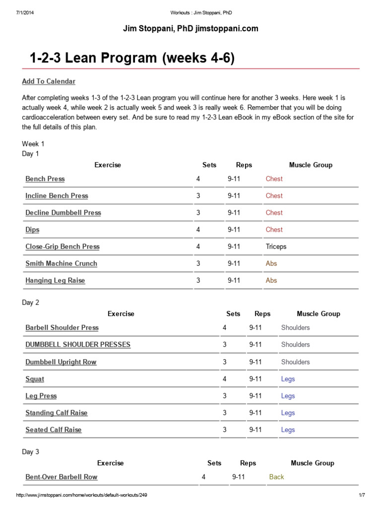 1-2-3 Lean Program: Weeks 4-6 Workouts | PDF | Weight | Physical Exercise