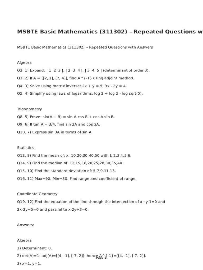 MSBTE Basic Math Q&A Guide | PDF