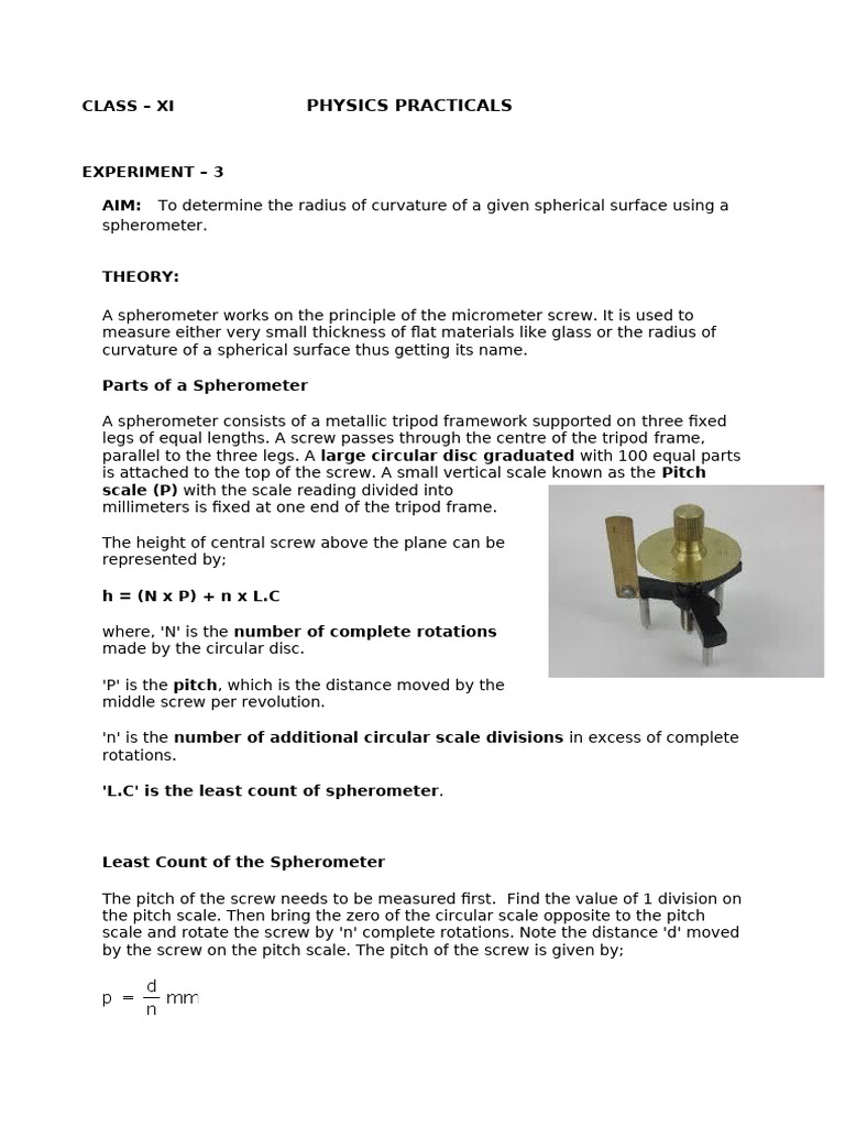Measure Radius of Curvature with Spherometer | PDF | Sphere | Curvature