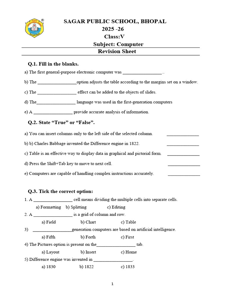 Class V Computer Revision Sheet | PDF