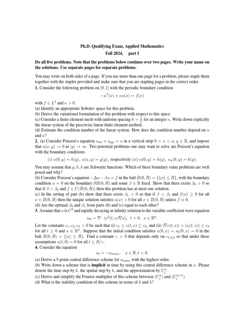 2024 Autumn Applied Mathematics Qual | PDF | Finite Element Method ...