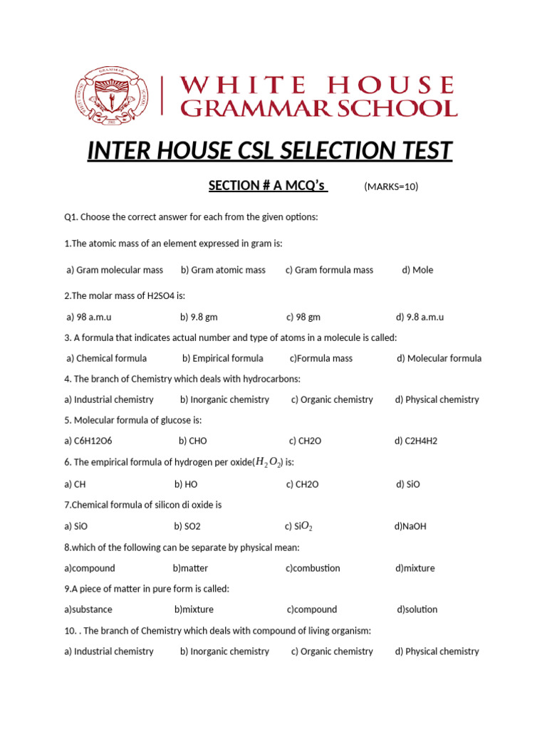 Inter House Chemistry Selection Test | PDF | Chemistry | Molecules