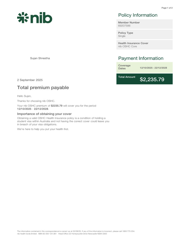 nib OSHC Health Insurance Invoice | PDF | Insurance | Financial Services