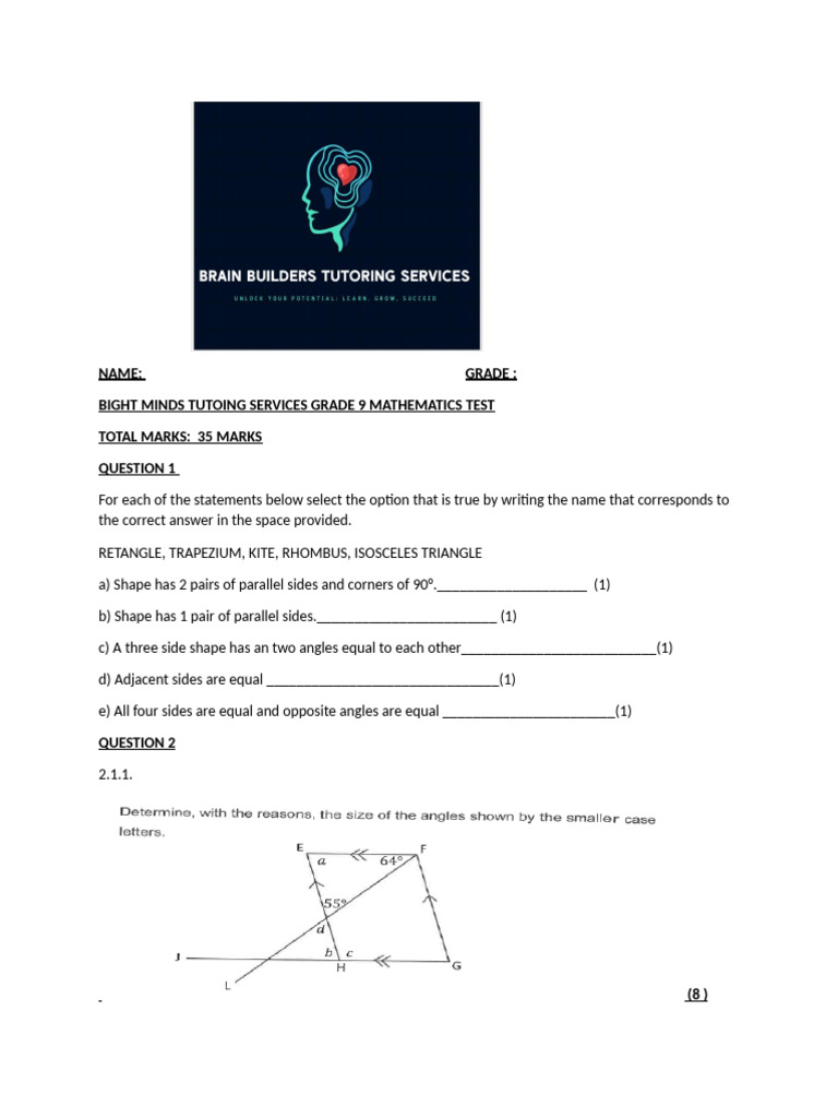 Grade 9 Mathematics Test Questions | PDF | Geometric Shapes | Euclid