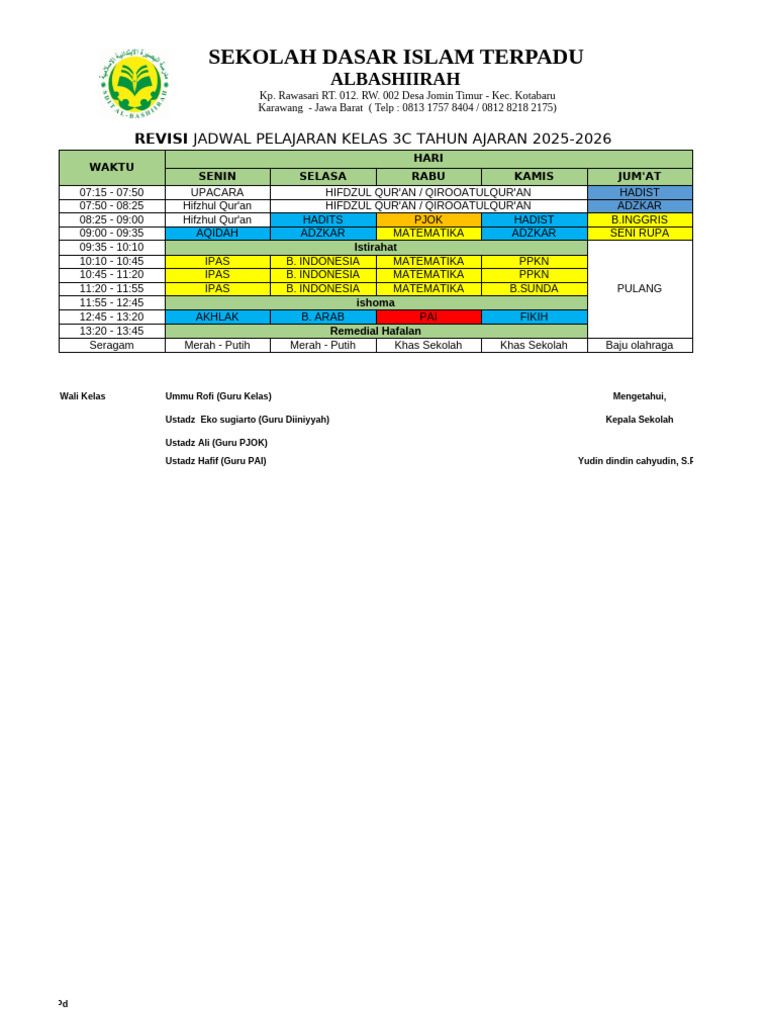 Jadwal Pelajaran Kelas 3C 2025-2026 | PDF