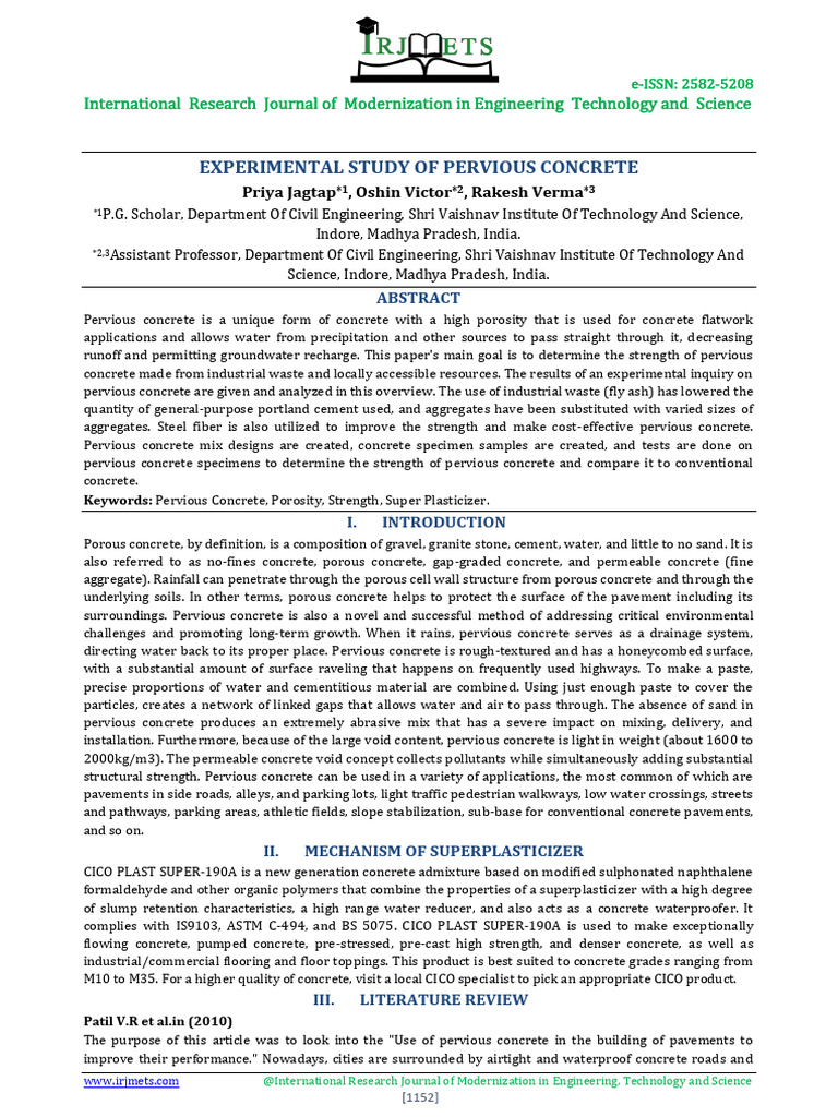 Experimental Study of Pervious Concrete | PDF | Concrete | Construction ...
