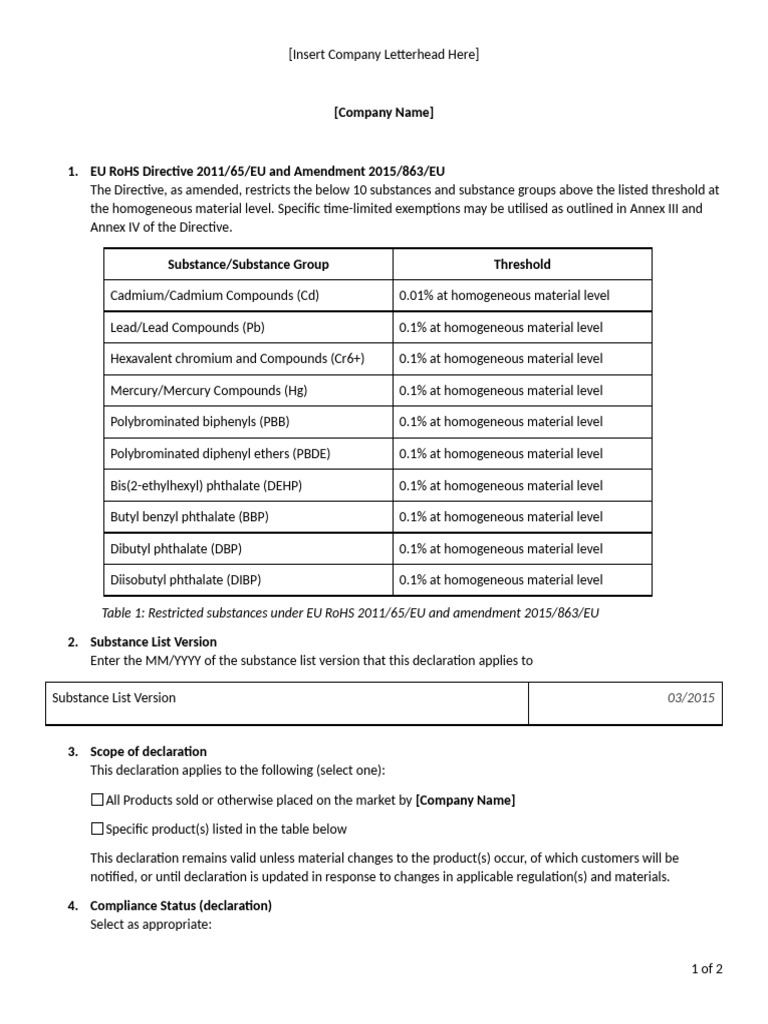 EU RoHS Declaration Template English 2025 | PDF | Chemistry | Materials