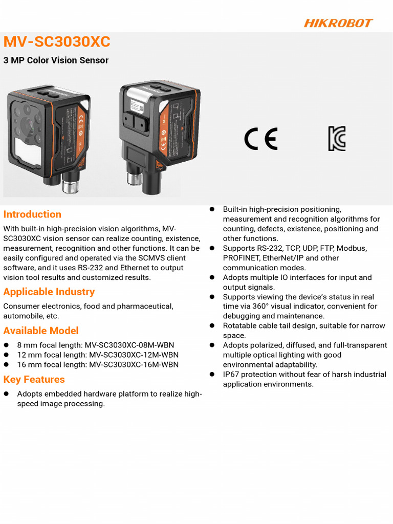 MV-SC3030XC Vision Sensor Overview | PDF | Imaging | Computer Engineering