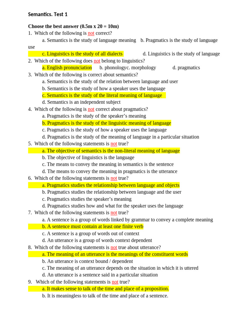 Semantics and Pragmatics Test Questions | PDF | Semantics | Language ...