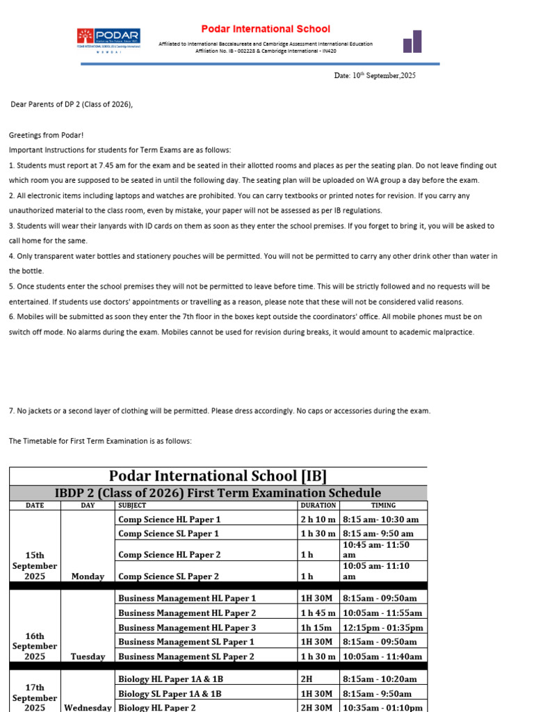 DP 2 Term Exam Timetable - (Class of 2026) | PDF | Qualifications