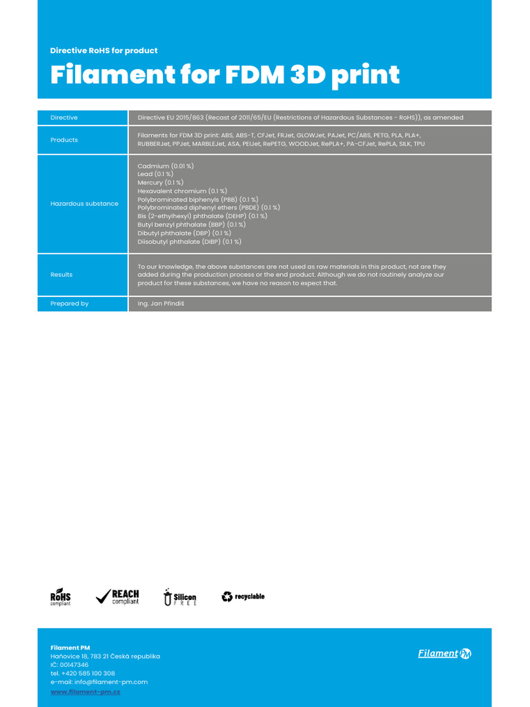 Filament For FDM 3D Print: Directive Rohs For Product | PDF