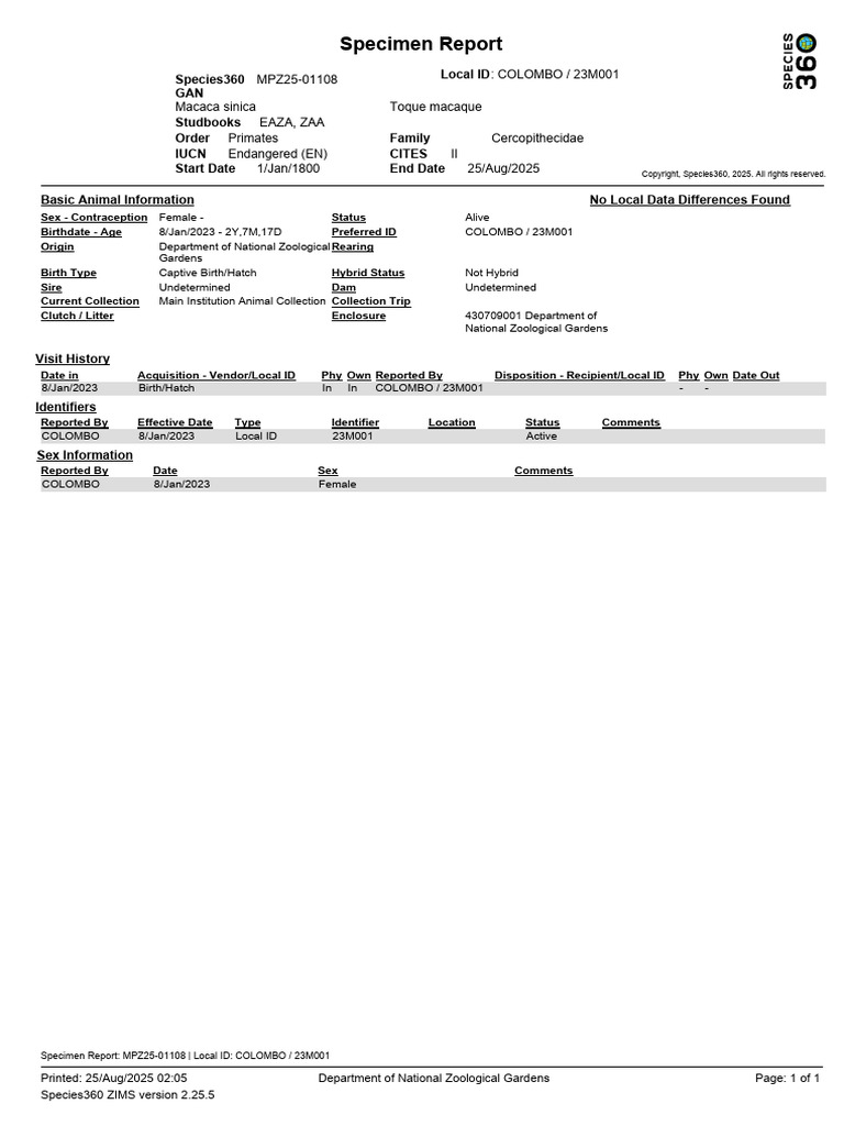 Specimen Report MPZ25-01108 | PDF | Zoology Organizations | Zoology