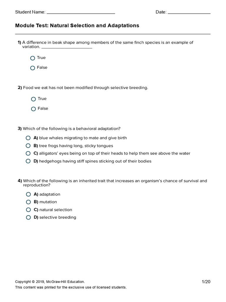 Natural Selection and Adaptations Test | PDF | Cakes | Natural Selection