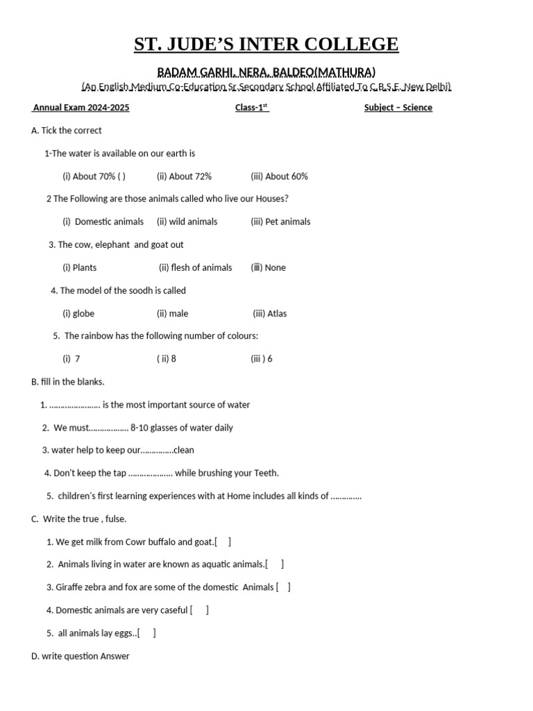 Class 1 Science Exam Paper 2024-2025 | PDF