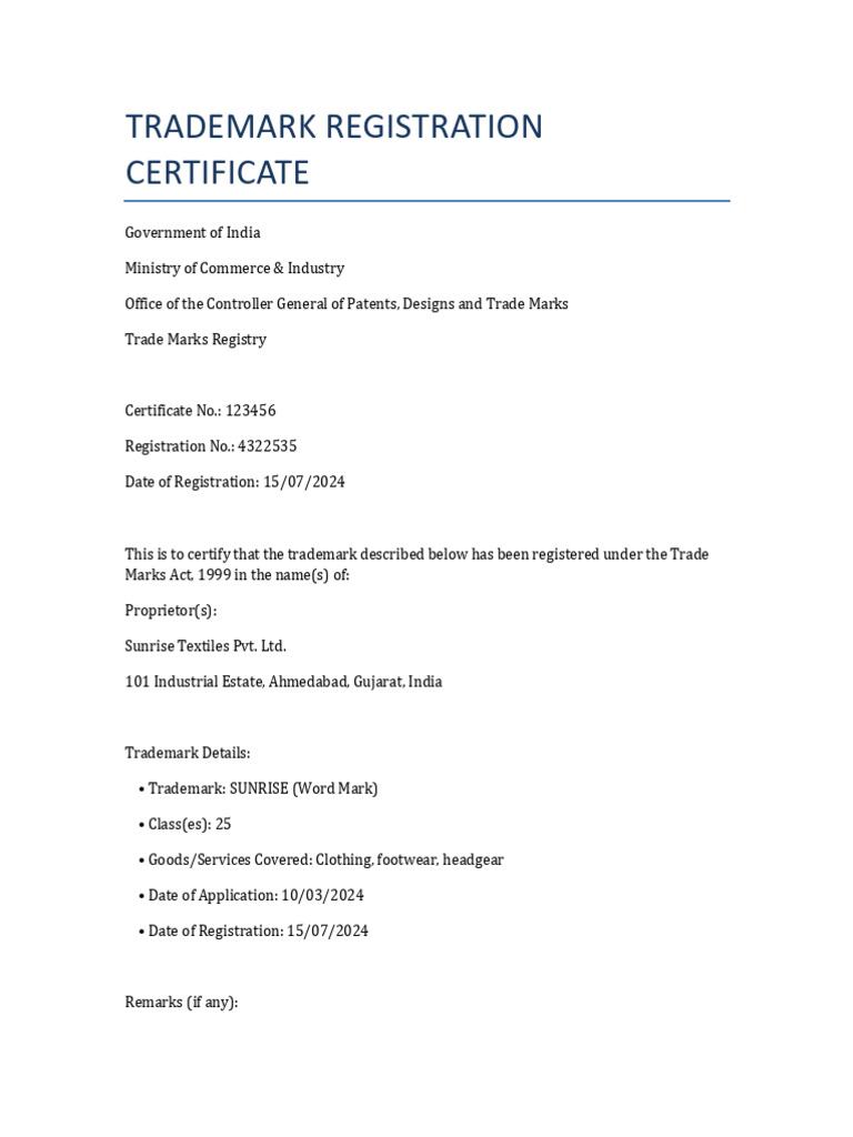 Trademark Registration Certificate PDF | PDF