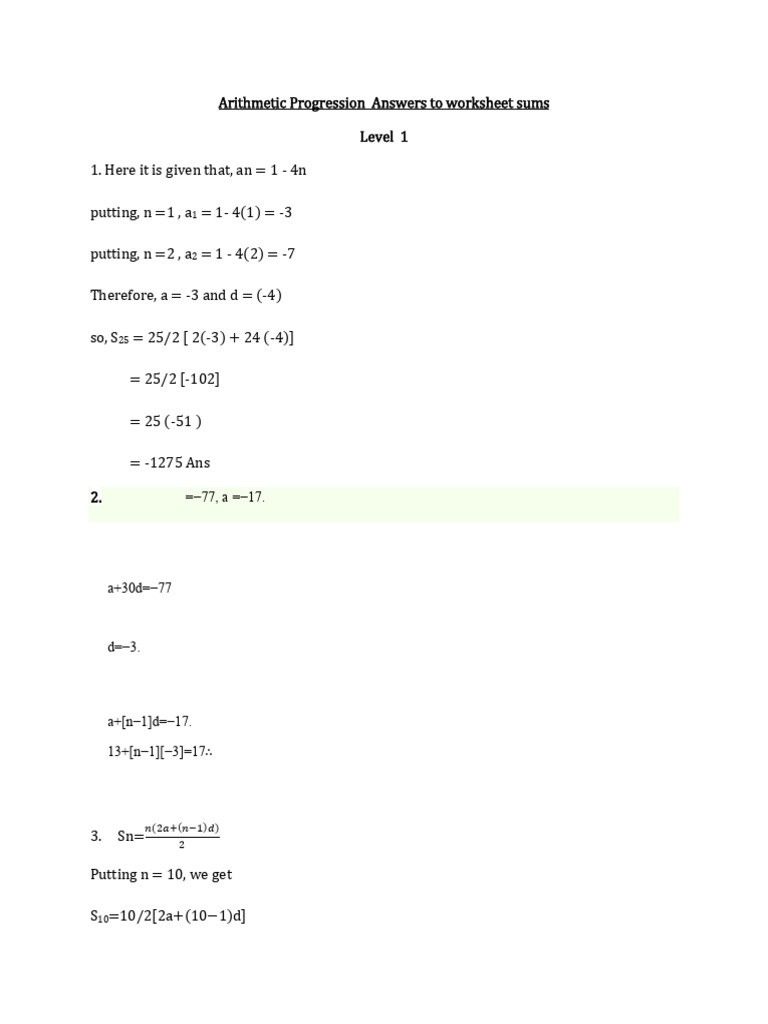 Arithmetic Progression Worksheet Solutions | PDF | Elementary ...