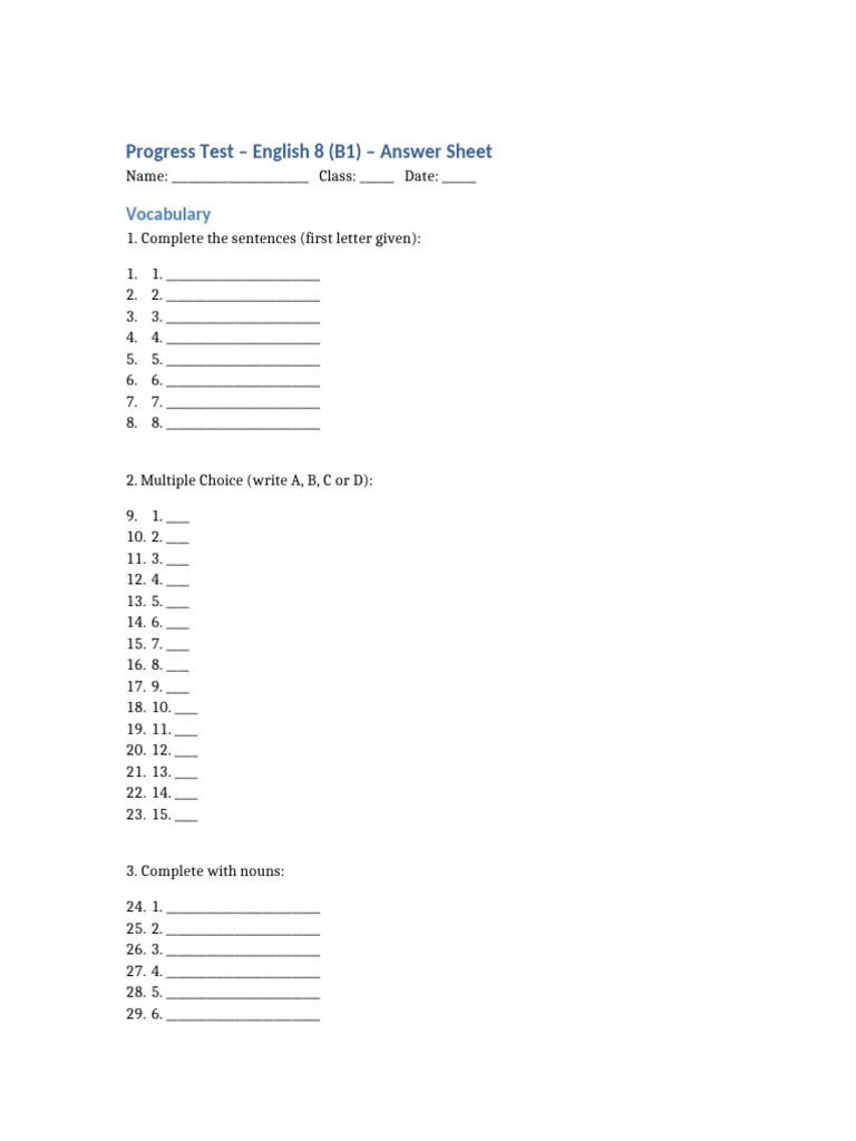 English 8 Progress Test Answer Sheet | PDF | English Language ...