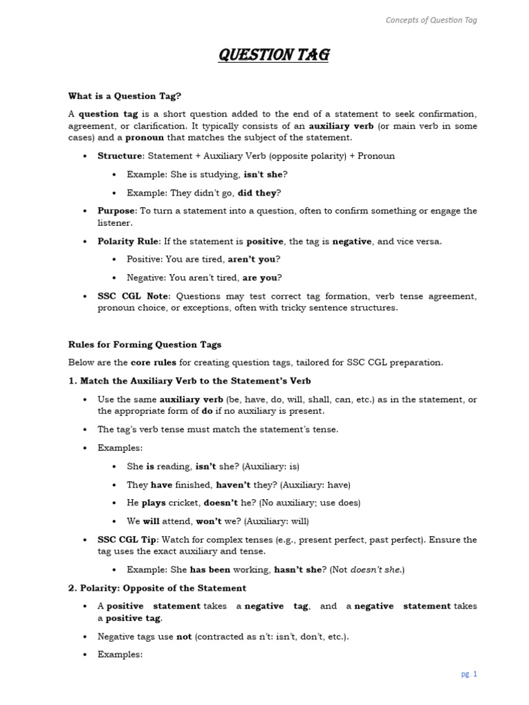 Question Tag Rules and Examples | PDF | Grammatical Number | Subject ...