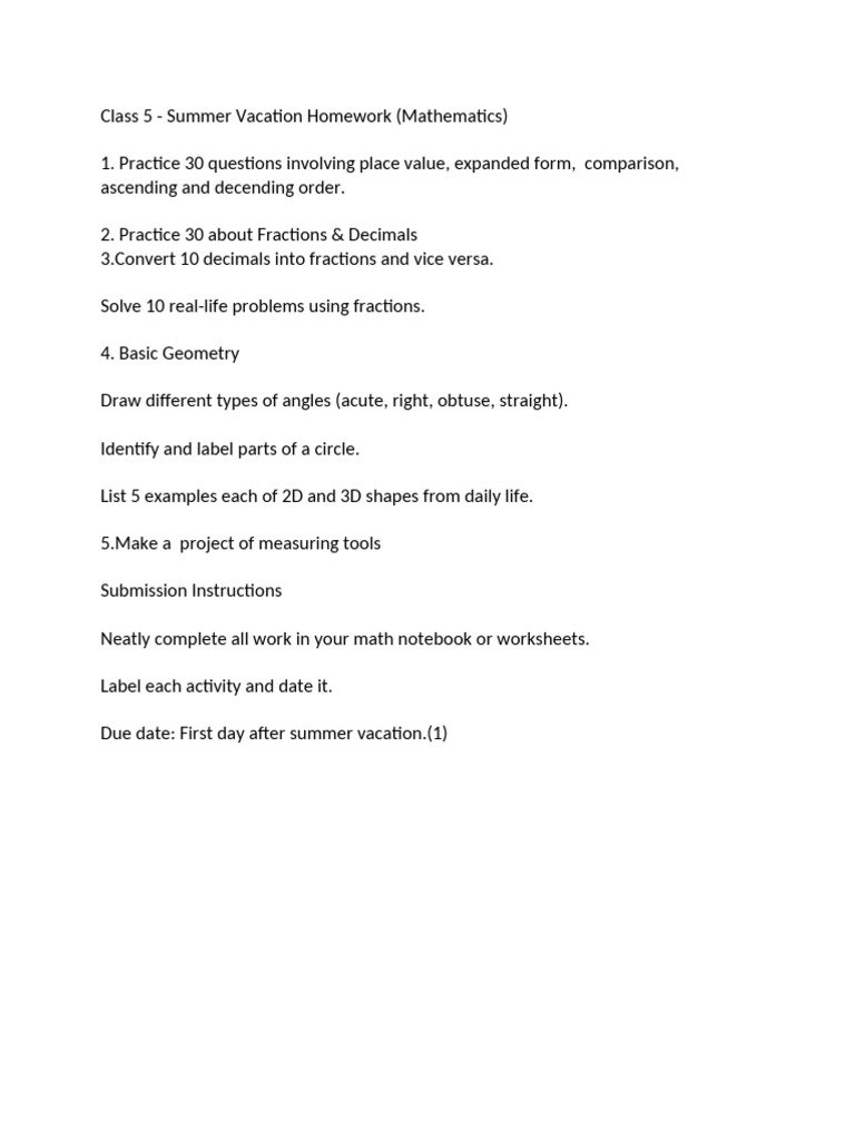 Class 5 Summer Math Homework Guide | PDF