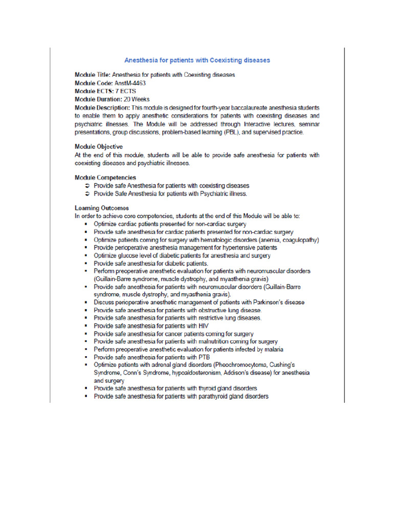 Anesthesia For A Patient With A Coexcisting Diseases, Course Content | PDF