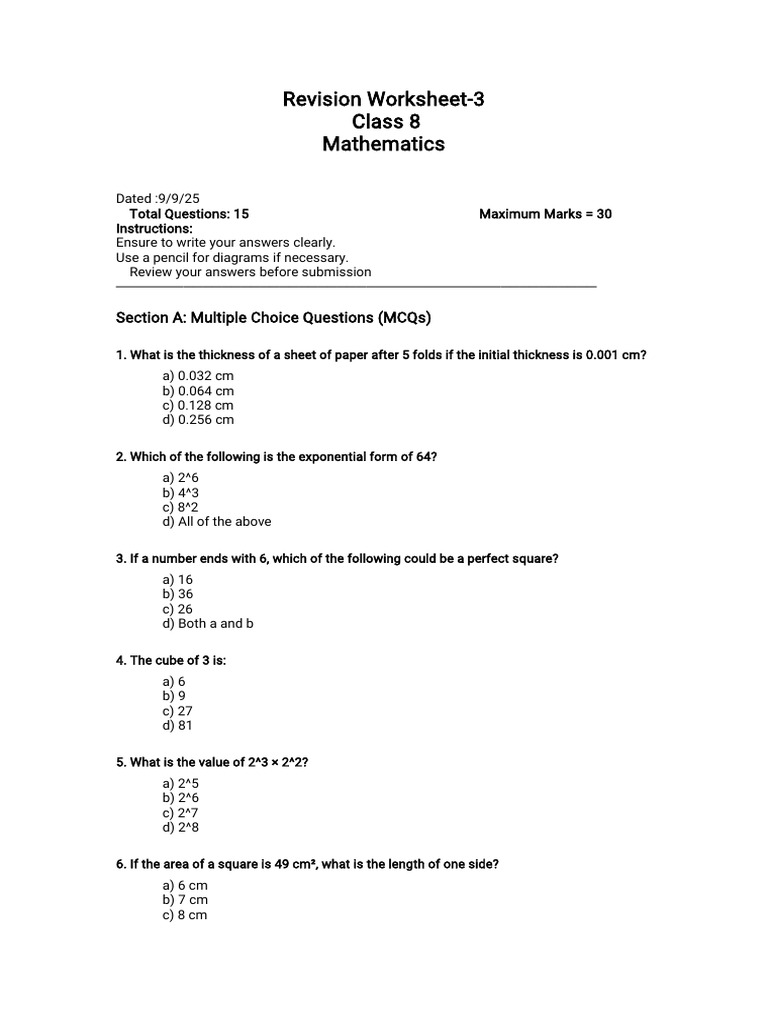 Class 8 Math Revision Worksheet | PDF | Rectangle | Euclid