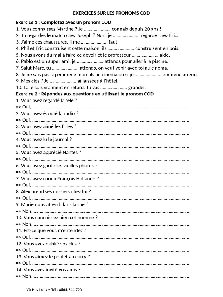Exercices de pronoms COD en français | PDF | Échecs | Théorie (échecs)