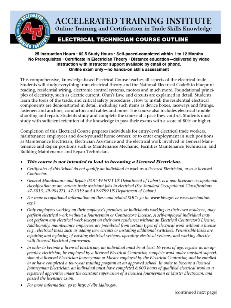 Electrical Technician Course Overview | PDF | Electrician | Journeyman
