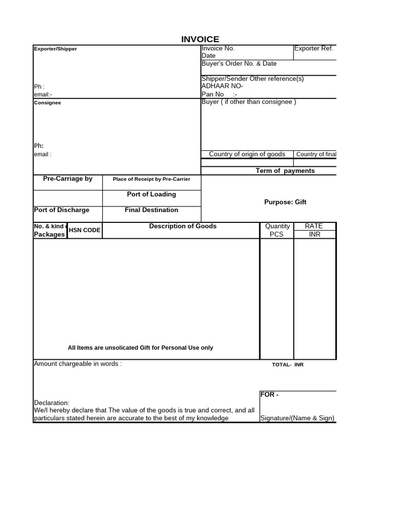 Invoice Declaration Sample Template | PDF