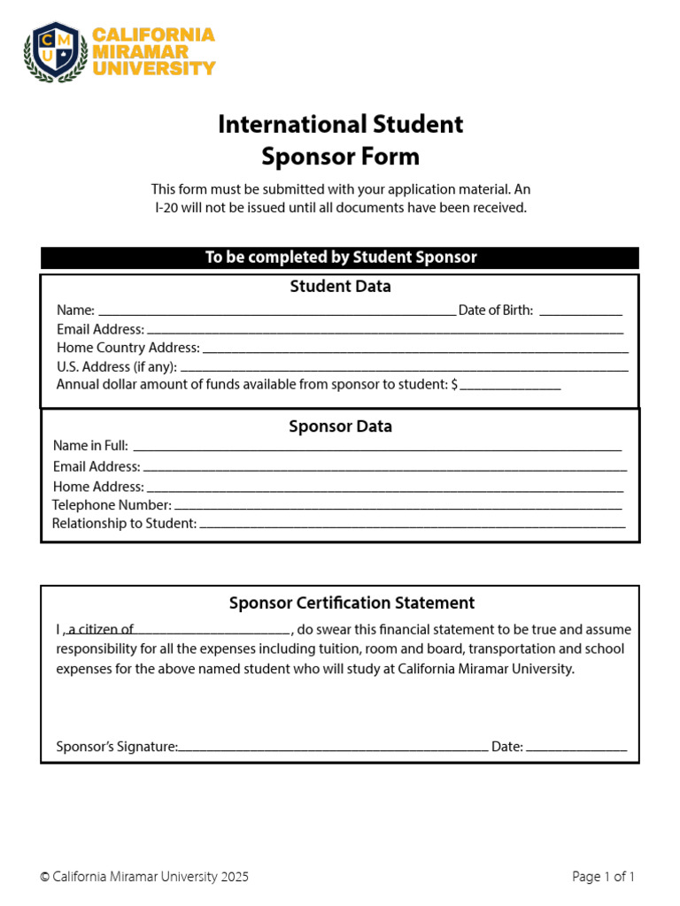 International Student Sponsor Form | PDF