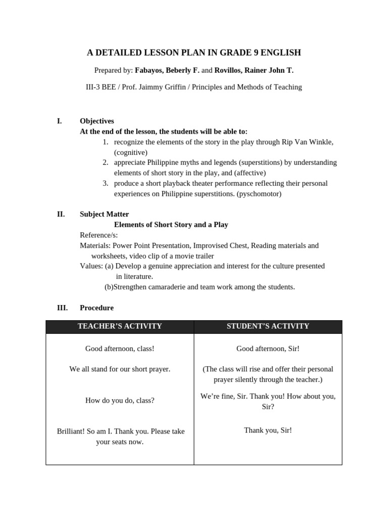 A Detailed Lesson Plan in Grade 9 Englis | PDF | Rip Van Winkle ...