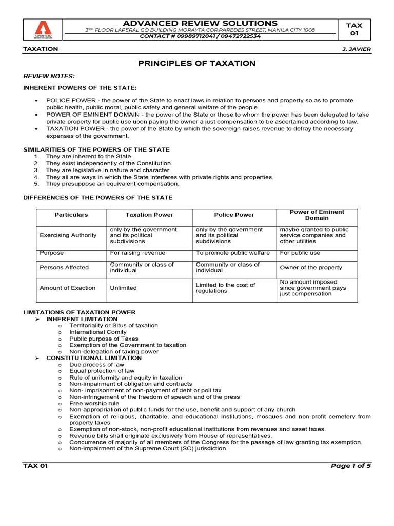 Principles of Taxation Review Notes | PDF | Taxes | Taxpayer