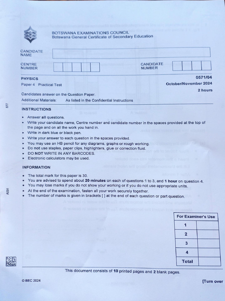 BGCSE Physics Paper 4 Practical Test | PDF | Applied And ...