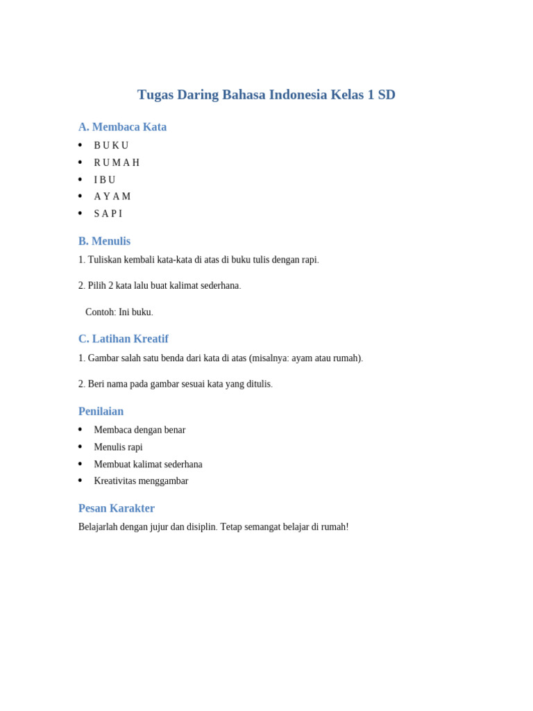 Tugas Daring Bahasa Indonesia Kelas1 | PDF