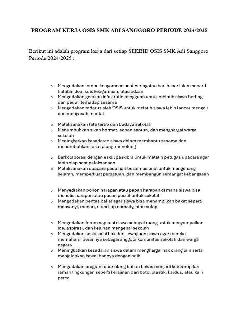 Program Kerja OSIS SMK Adi Sanggoro 2024/2025 | PDF