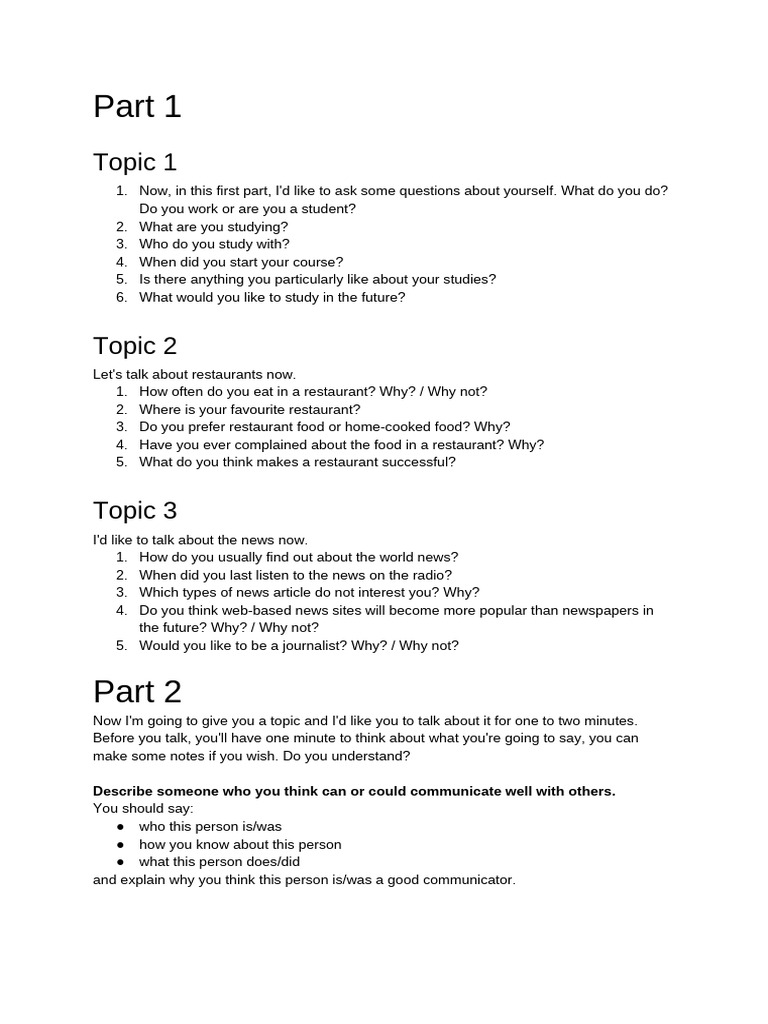 Speaking Test: Communication Topics | PDF | Communication