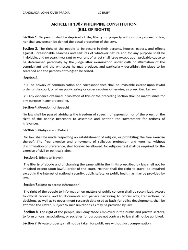 Article III: Bill of Rights Overview | PDF | Search And Seizure | Legal ...