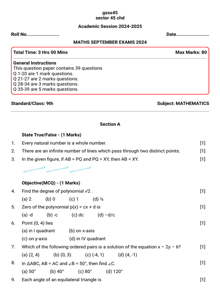 Maths September Exams 2024 | PDF | Mathematics | Euclidean Geometry