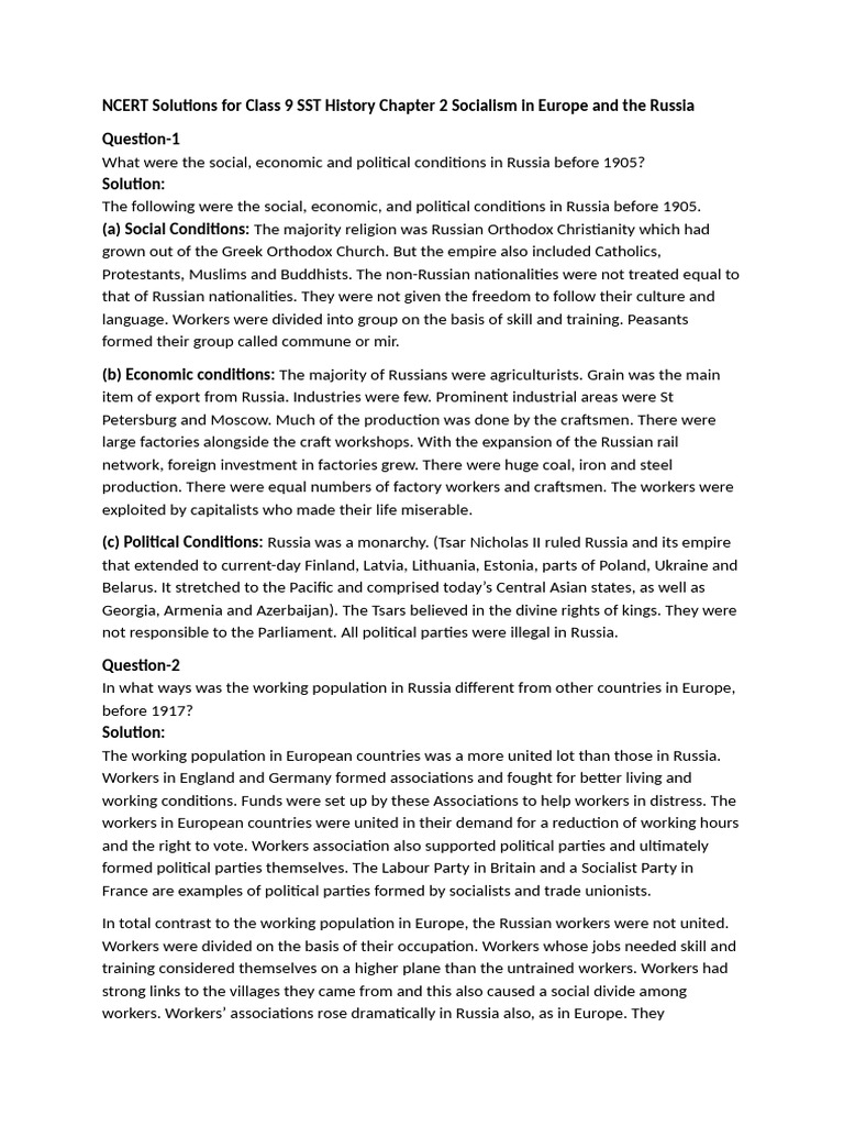 NCERT Solutions For Class 9 SST History Chapter 2 Socialism in Europe ...