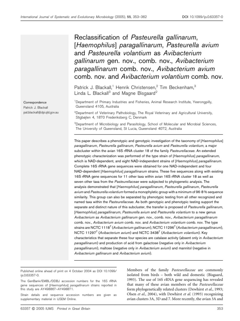 Reclassification of Avian Pasteurellaceae | PDF | 16 S Ribosomal Rna ...