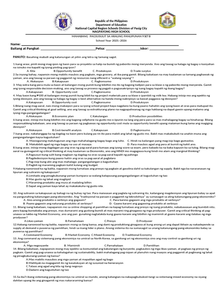 2nd Mahabang Pagsusulit Ap9 | PDF