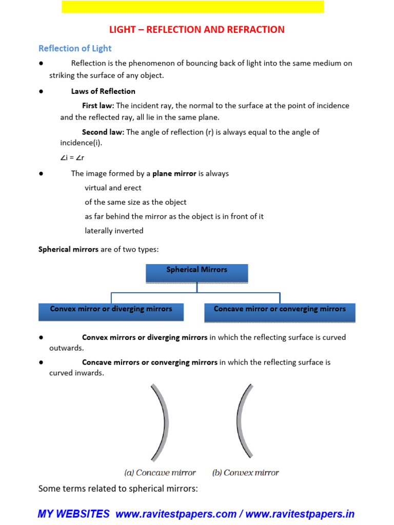 10th Cbse DPP Lights Reflection and Refraction Notes | PDF | Mirror ...